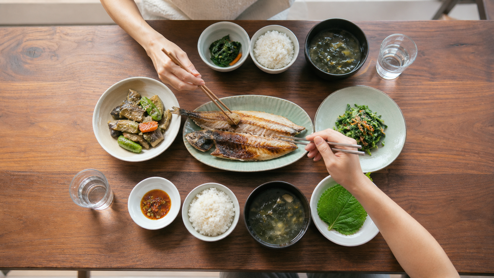 구운 생선과 채소, 밥과 물로 구성된 한식 상차림