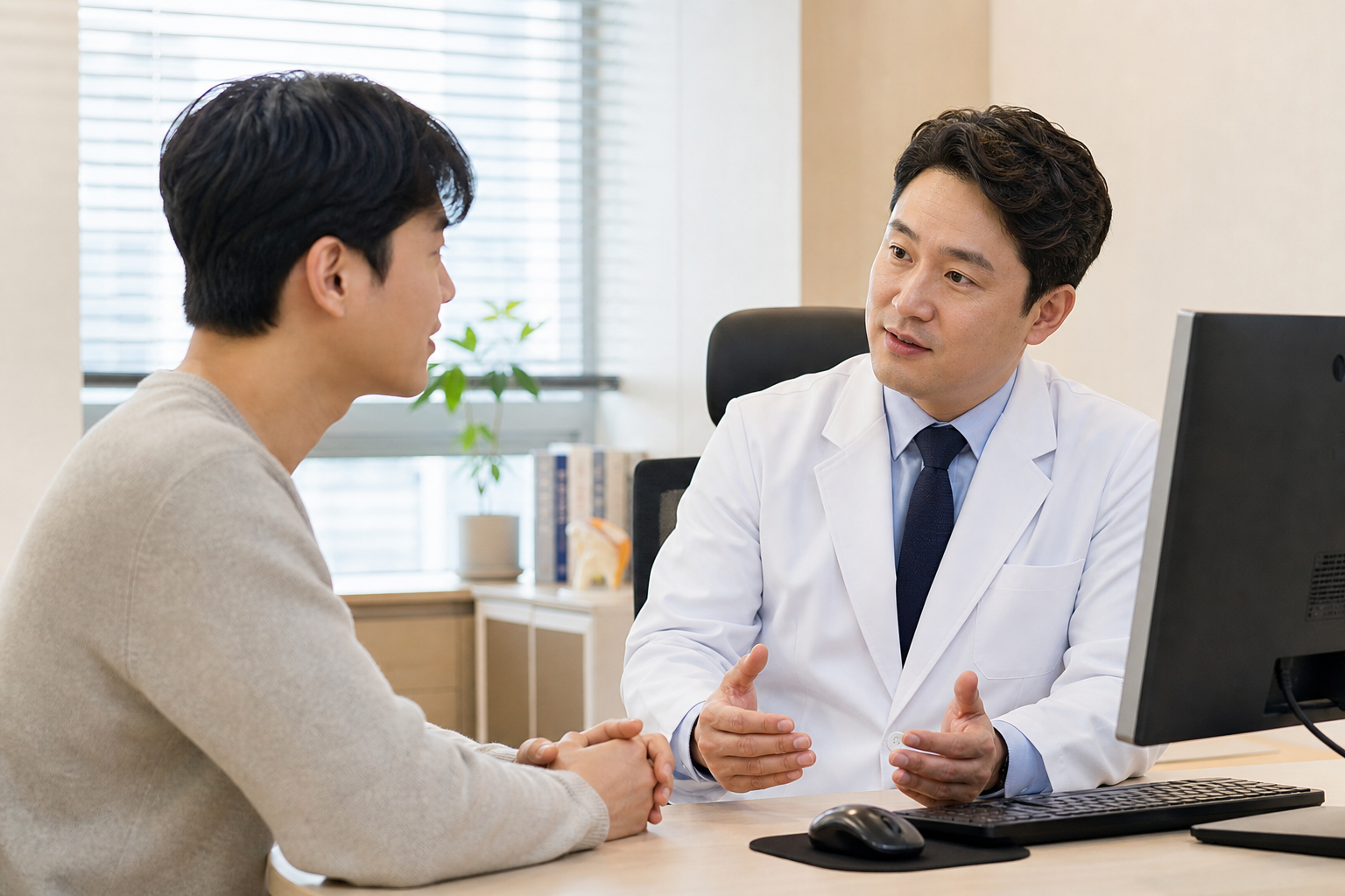 진료실에서 수면과 피로 증상을 상담하는 한국인 환자와 의사
