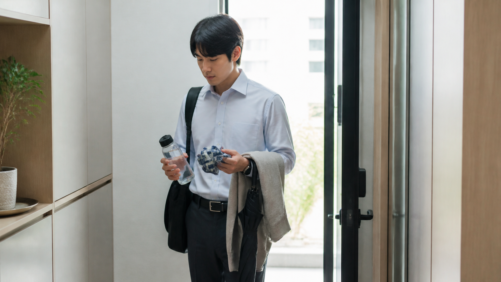 현관에서 물통과 손수건 등 출근 준비물을 확인하는 직장인