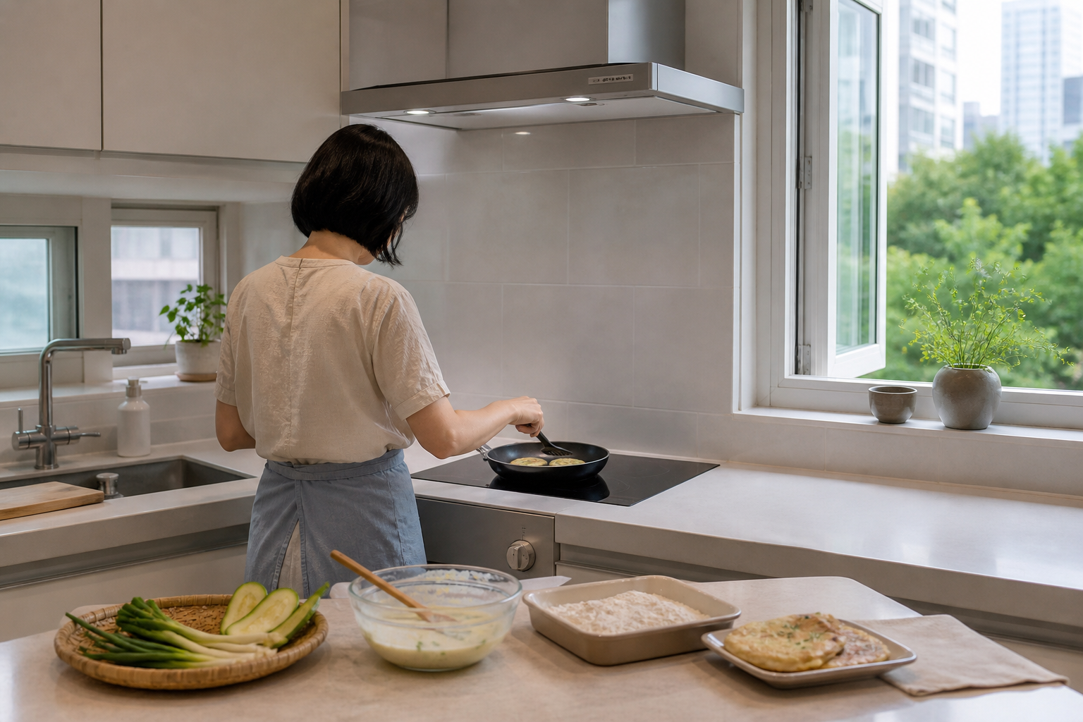 환기하며 안전하게 전을 부치는 여름 주방