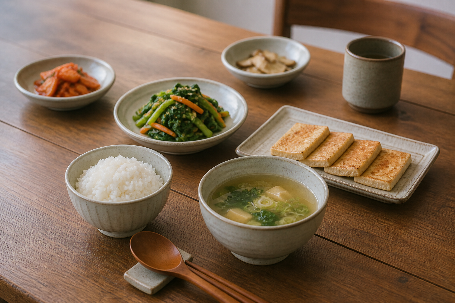 채소 무침과 두부 밥 맑은국으로 차린 한국식 밥상