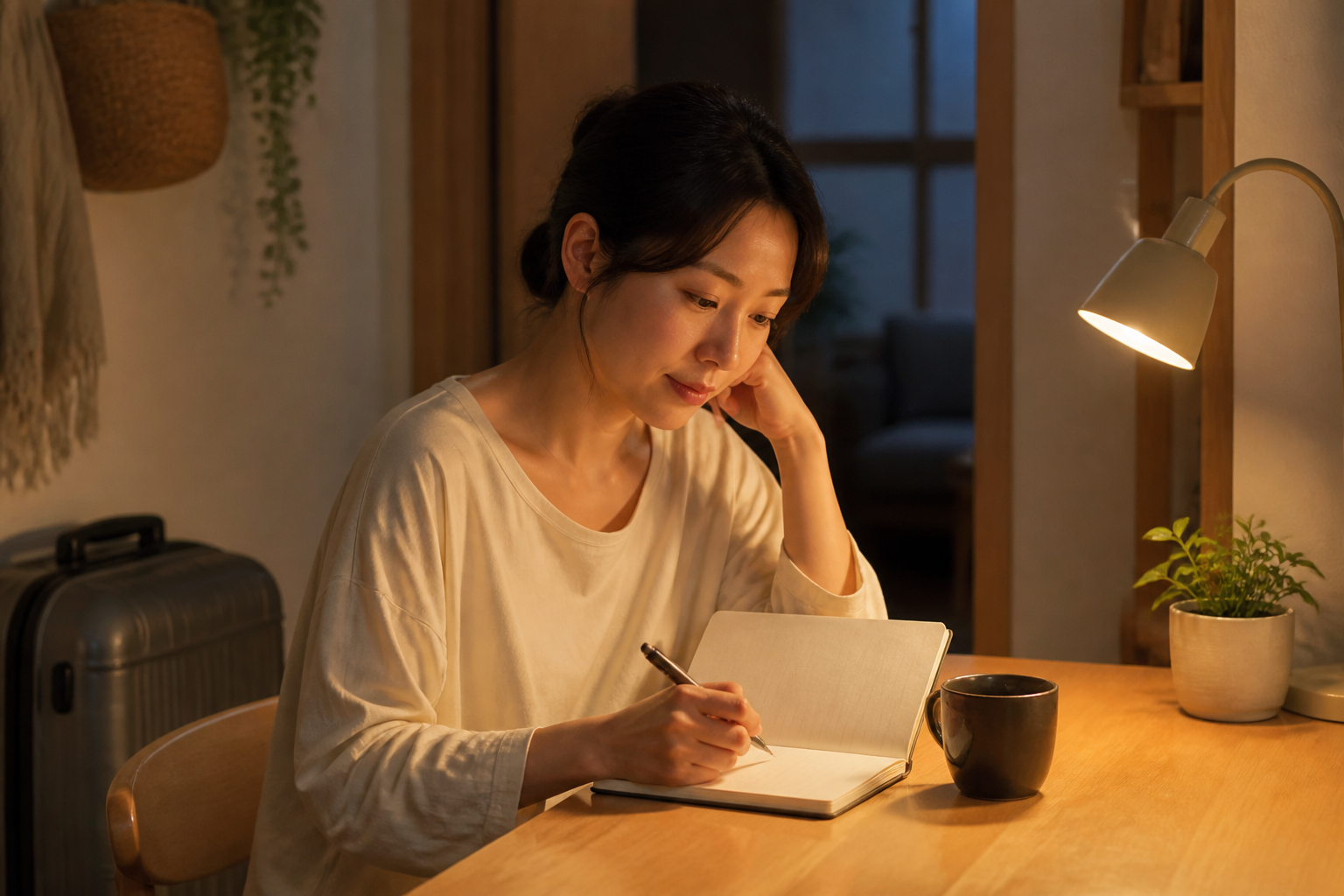 여행 가방 옆 책상에서 빈 노트에 기록하는 한국인 여성