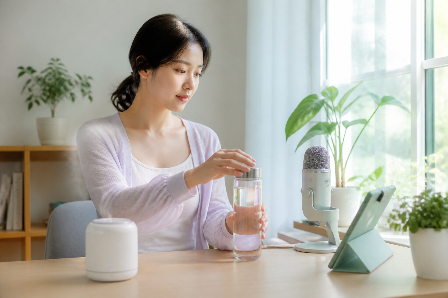 물병과 가습기를 준비해 목 관리 환경을 만드는 한국인 여성