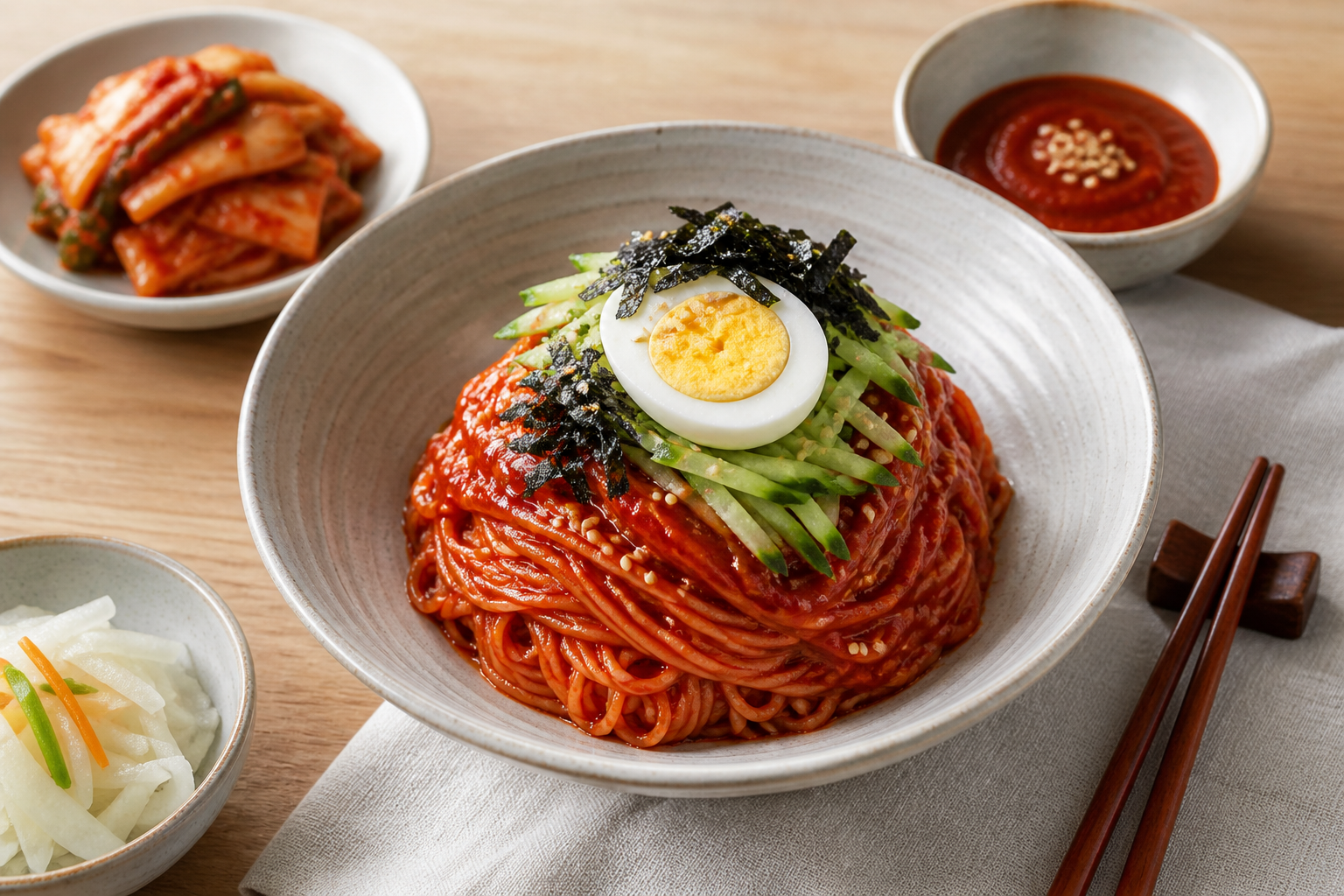 오이와 달걀 김가루를 올린 완성 비빔국수 한 상