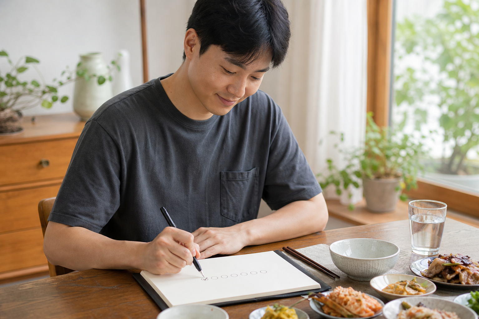 식사 뒤 빈 노트에 습관을 표시하는 한국인