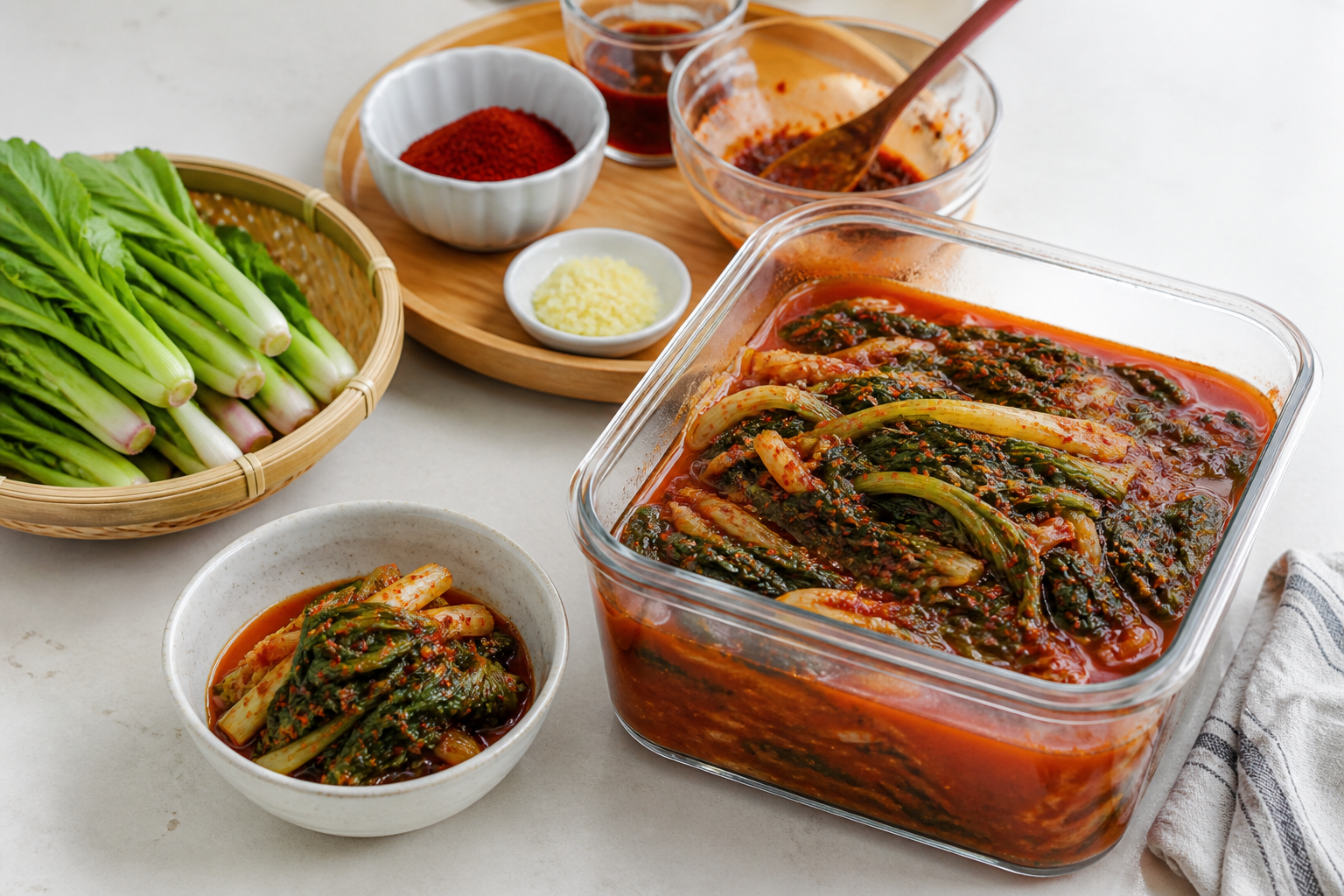 유리 용기에 완성된 열무김치와 한 그릇의 시식용 김치