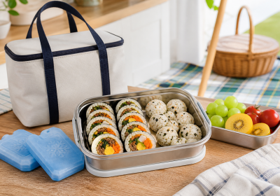 아이스팩과 보냉 가방 옆에 준비한 여름 김밥과 주먹밥 도시락