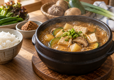 두부와 애호박, 감자, 버섯이 담긴 뚝배기 된장찌개와 밥