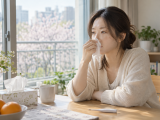 휴지를 든 여성이 체온계가 놓인 식탁에서 코 증상을 살피는 모습