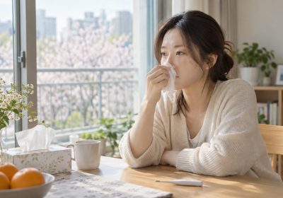 휴지를 든 여성이 체온계가 놓인 식탁에서 코 증상을 살피는 모습
