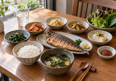 한국 식당 테이블에 놓인 생선구이와 밥, 두부, 채소 반찬과 별도 소스