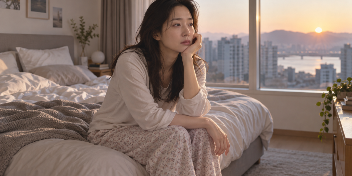 아침 햇빛이 들어오는 침실에서 침대 가장자리에 앉아 피곤한 표정을 짓는 여성