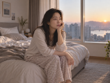 아침 햇빛이 들어오는 침실에서 침대 가장자리에 앉아 피곤한 표정을 짓는 여성