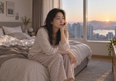 아침 햇빛이 들어오는 침실에서 침대 가장자리에 앉아 피곤한 표정을 짓는 여성