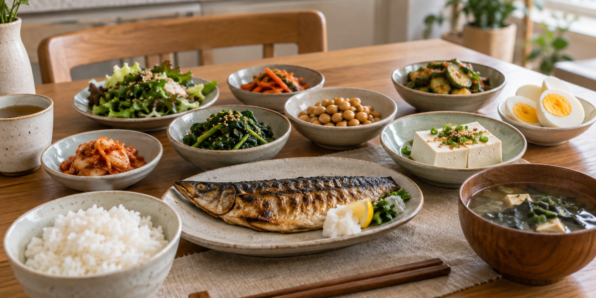 밥과 생선구이, 두부, 달걀, 콩, 채소 반찬을 함께 차린 단백질 식단