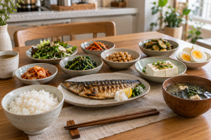 밥과 생선구이, 두부, 달걀, 콩, 채소 반찬을 함께 차린 단백질 식단