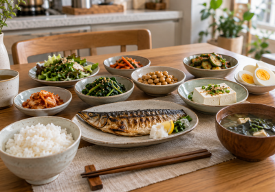 밥과 생선구이, 두부, 달걀, 콩, 채소 반찬을 함께 차린 단백질 식단