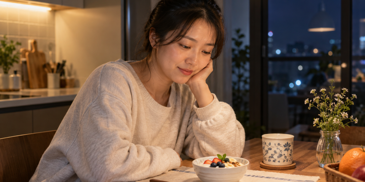 저녁 식사를 마친 주방에서 요거트와 과일을 앞에 두고 잠시 생각하는 여성
