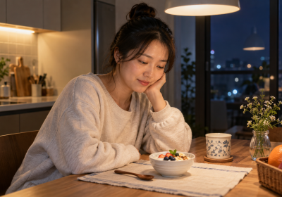 저녁 식사를 마친 주방에서 요거트와 과일을 앞에 두고 잠시 생각하는 여성