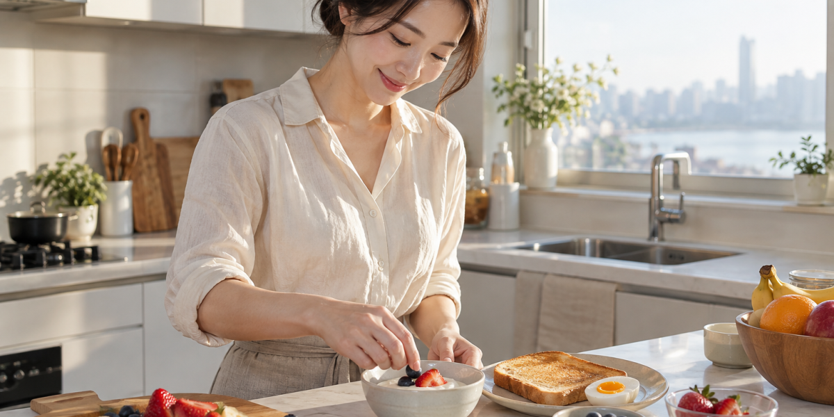 햇살 드는 주방에서 간단한 아침 식사를 준비하는 한국인
