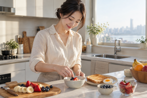 햇살 드는 주방에서 간단한 아침 식사를 준비하는 한국인