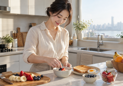 햇살 드는 주방에서 간단한 아침 식사를 준비하는 한국인