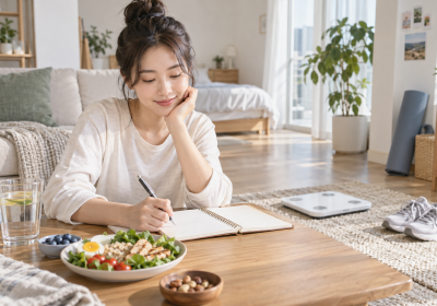 체중 변화 기록을 차분히 살펴보는 한국인 성인과 체중계