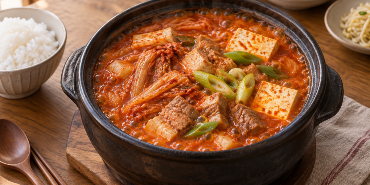 뚝배기에 보글보글 끓인 돼지고기 두부 김치찌개와 흰밥
