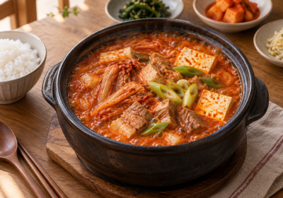 뚝배기에 보글보글 끓인 돼지고기 두부 김치찌개와 흰밥