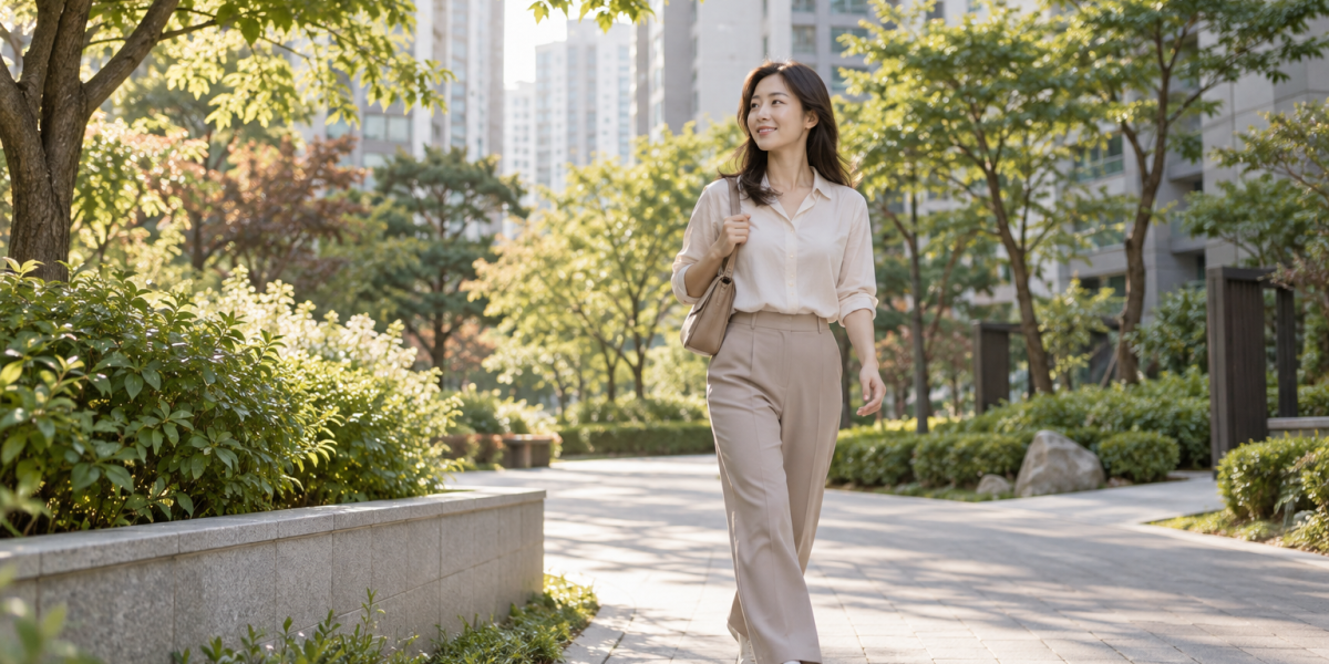 출근길 아파트 옆 나무가 있는 보행로를 편안한 신발로 걷는 여성