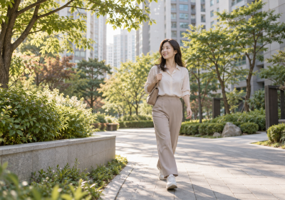 출근길 아파트 옆 나무가 있는 보행로를 편안한 신발로 걷는 여성