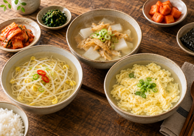 콩나물국과 북엇국, 계란국이 차려진 한국식 밥상