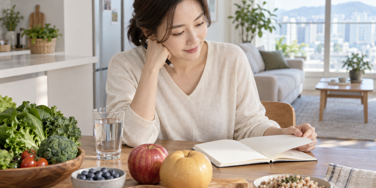 물과 과일, 식사 기록장을 놓고 배변 생활 습관을 점검하는 한국인 성인