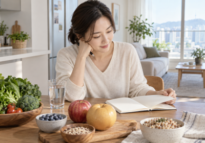 물과 과일, 식사 기록장을 놓고 배변 생활 습관을 점검하는 한국인 성인