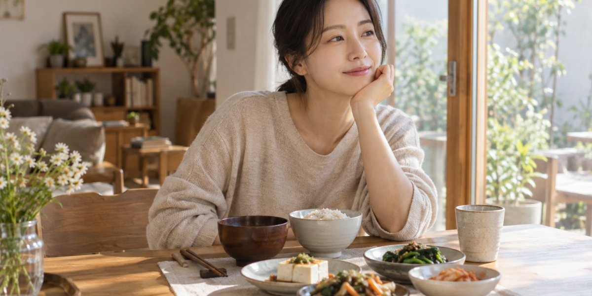 햇빛이 드는 식탁에서 수저를 내려놓고 한식 식사 중 잠시 쉬는 여성
