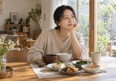 햇빛이 드는 식탁에서 수저를 내려놓고 한식 식사 중 잠시 쉬는 여성