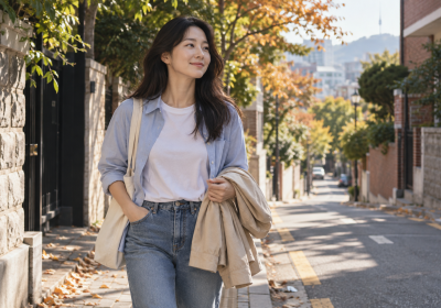 햇빛과 그늘이 교차하는 가을 골목에서 셔츠를 겹쳐 입고 가벼운 재킷을 팔에 든 여성