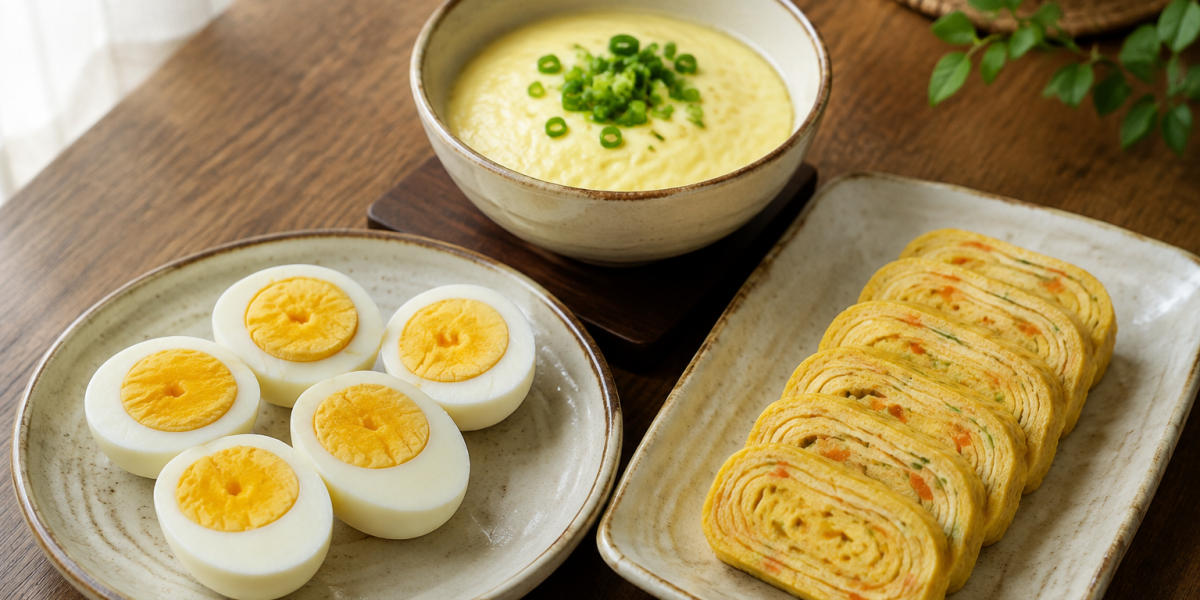 삶은 달걀과 부드러운 달걀찜, 채소 달걀말이가 놓인 한국식 식탁