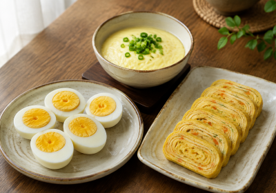 삶은 달걀과 부드러운 달걀찜, 채소 달걀말이가 놓인 한국식 식탁