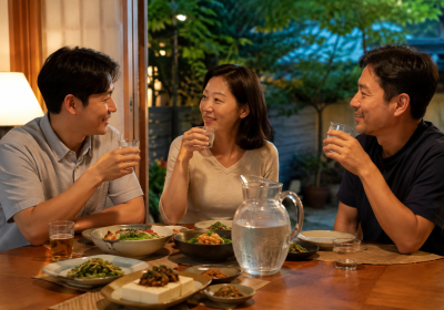 여름 저녁 물과 두부·채소 요리를 곁들여 대화하는 한국인 성인 세 명