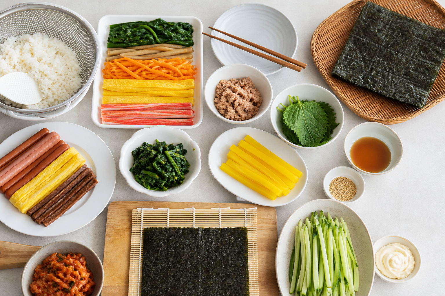 깨끗한 조리대에 놓인 김밥 재료와 밥