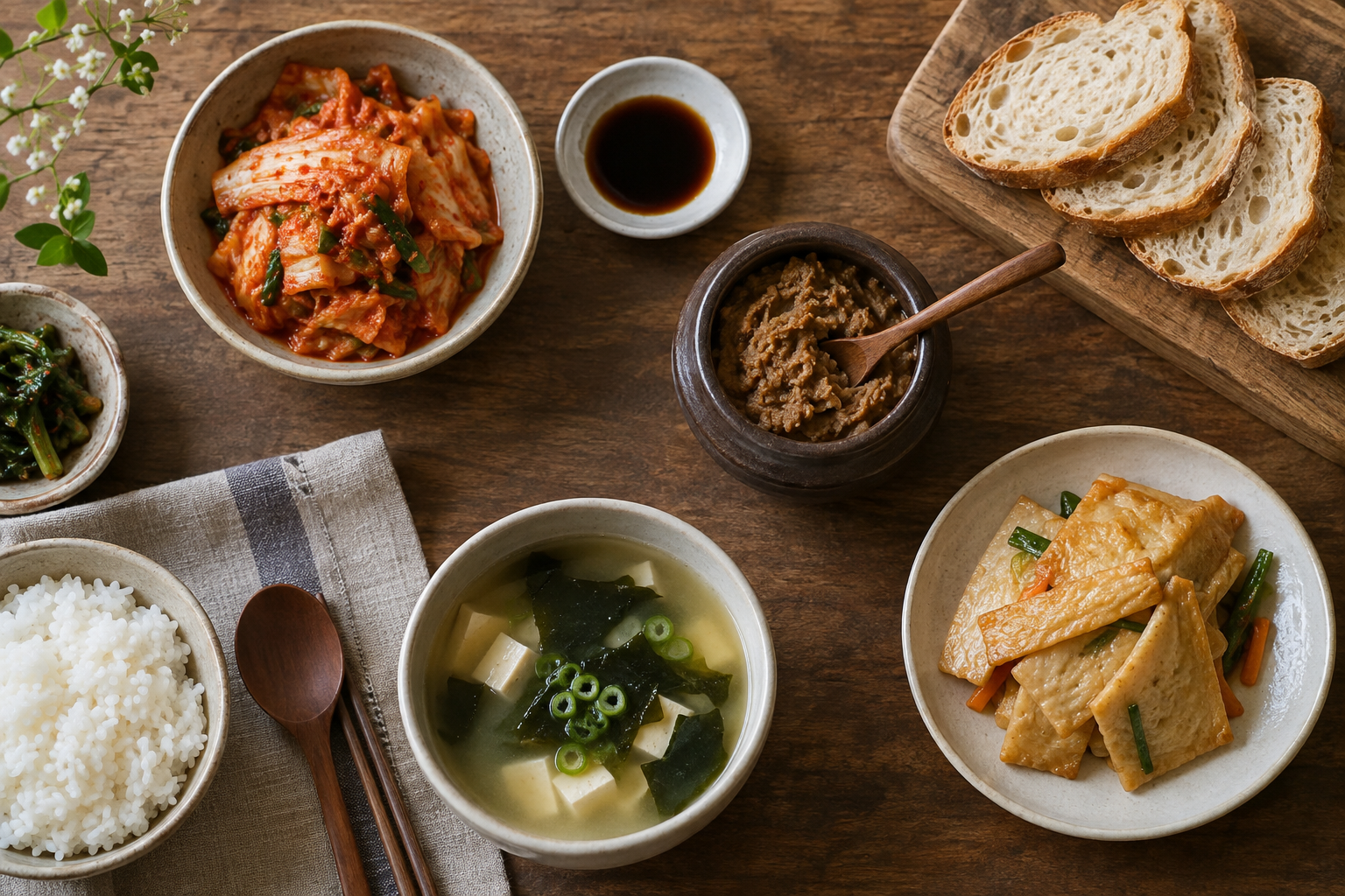 김치와 된장, 간장, 빵과 어묵, 국을 함께 놓은 식탁
