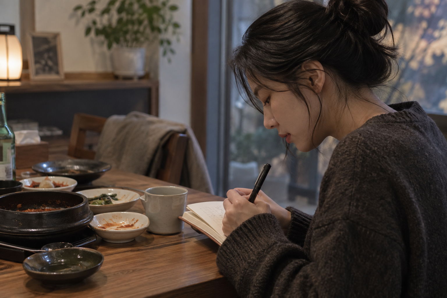 식사를 마친 뒤 식탁에서 작은 수첩에 메모하는 여성