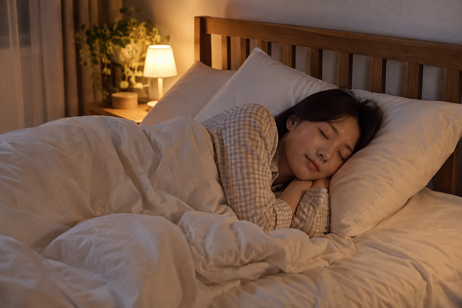 침대에서 옆으로 누워 잠든 여성
