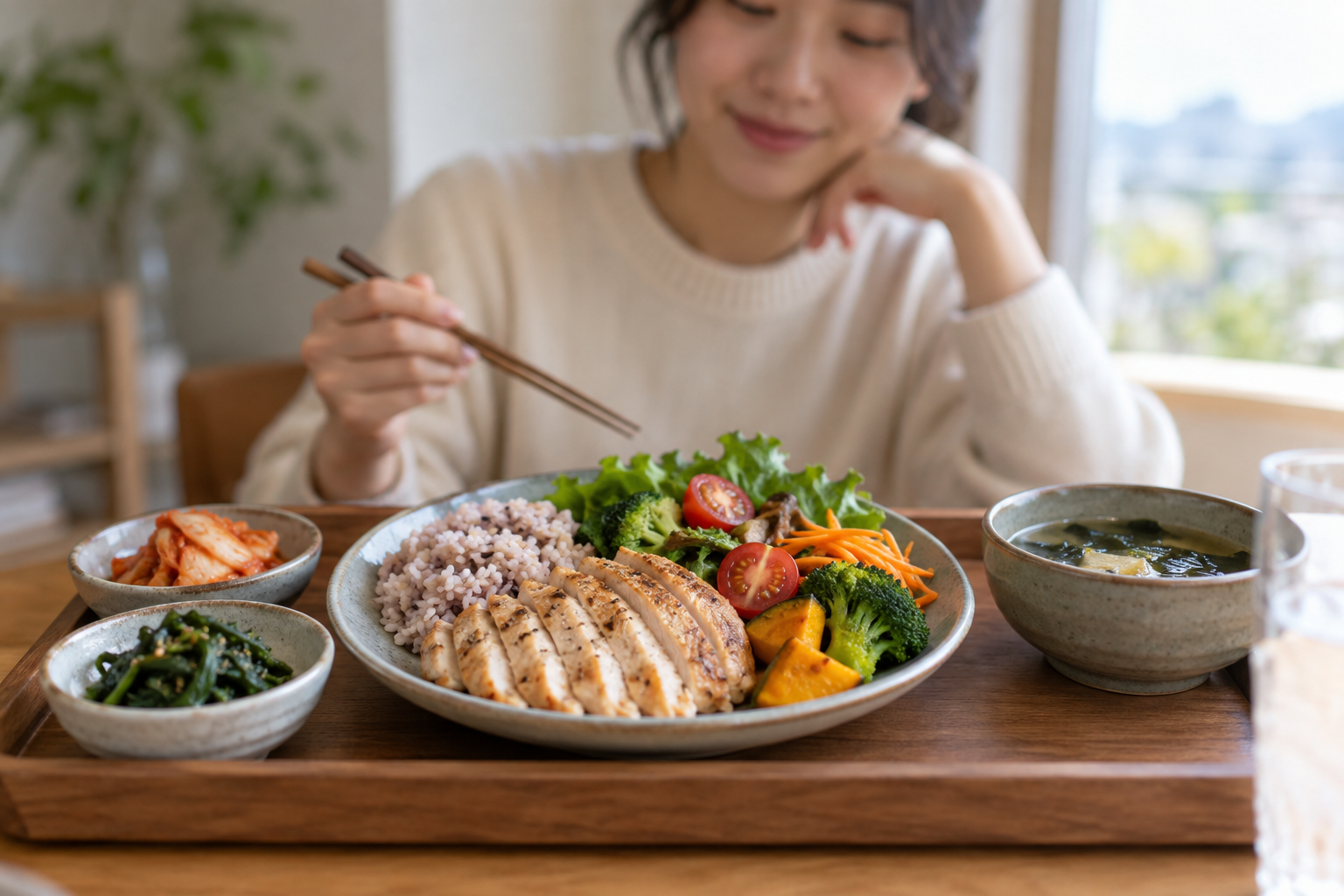닭고기와 잡곡밥, 채소를 곁들인 식사를 앞에 둔 여성