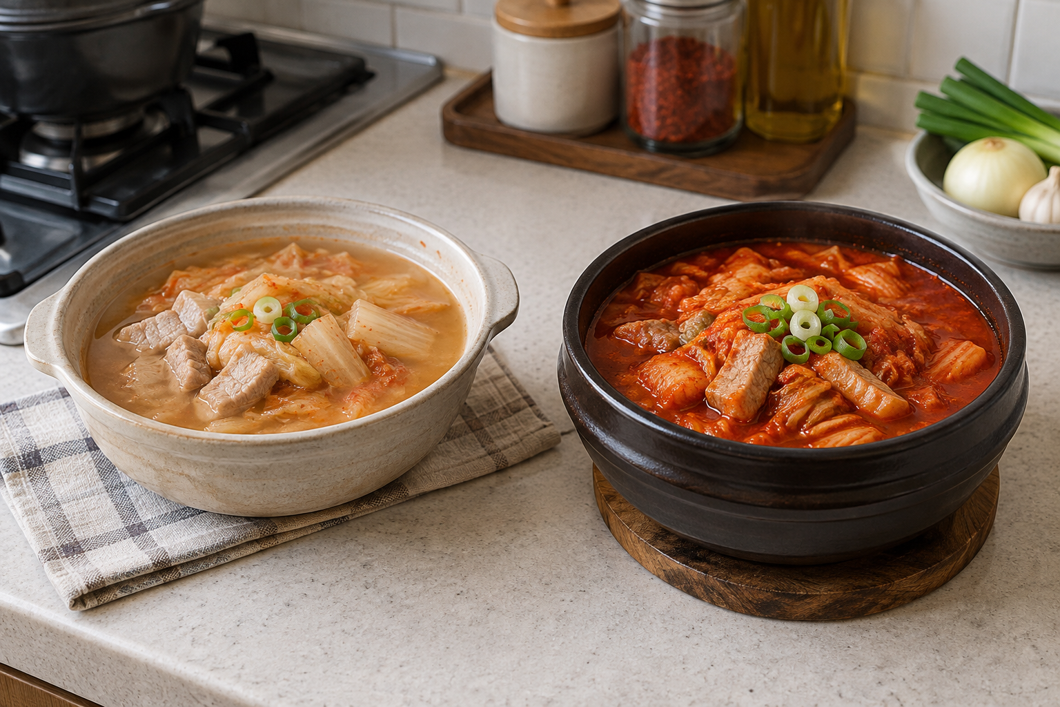 묽은 김치찌개와 깊은 색의 김치찌개 비교