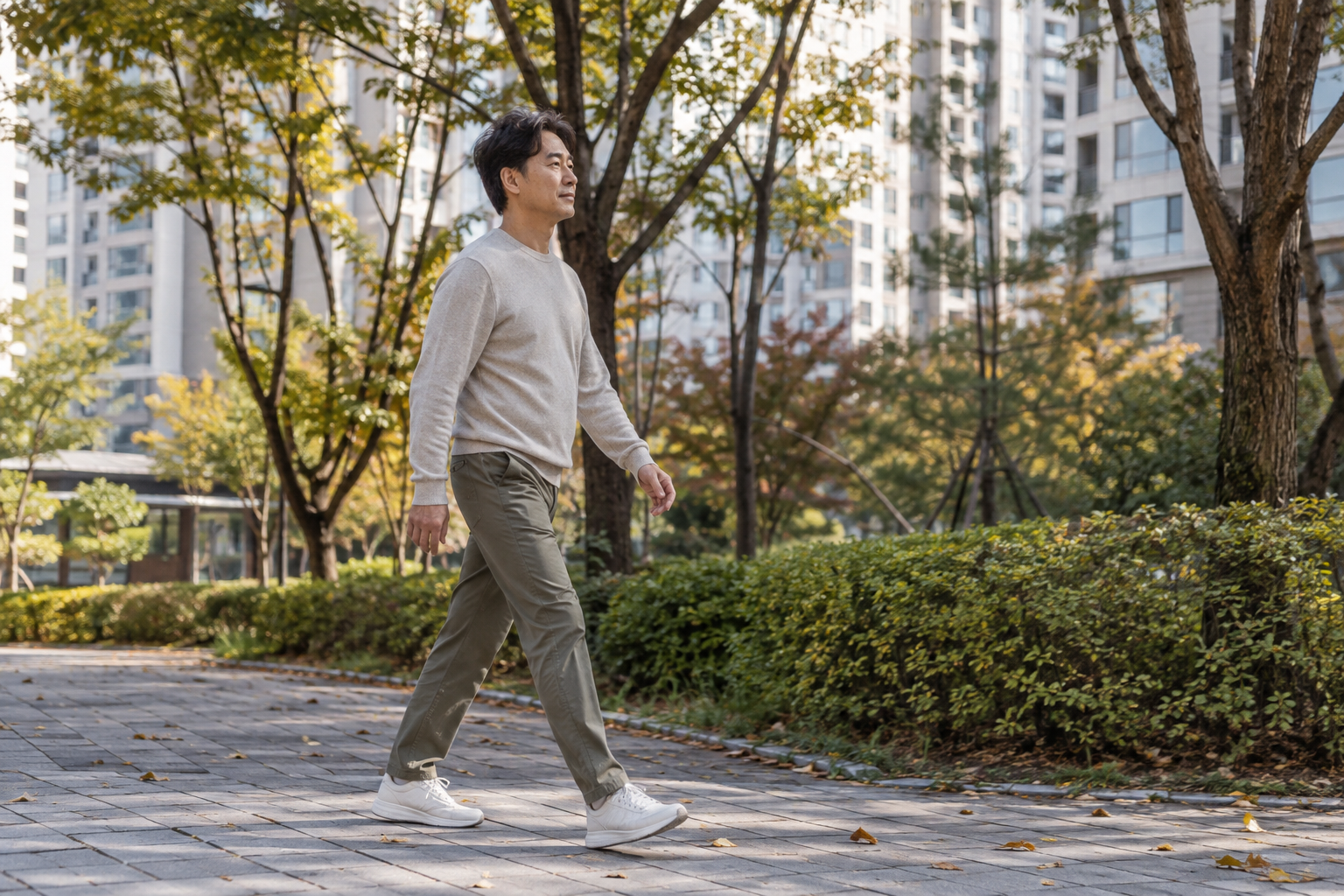 공원 산책로를 일상복 차림으로 걷는 남성