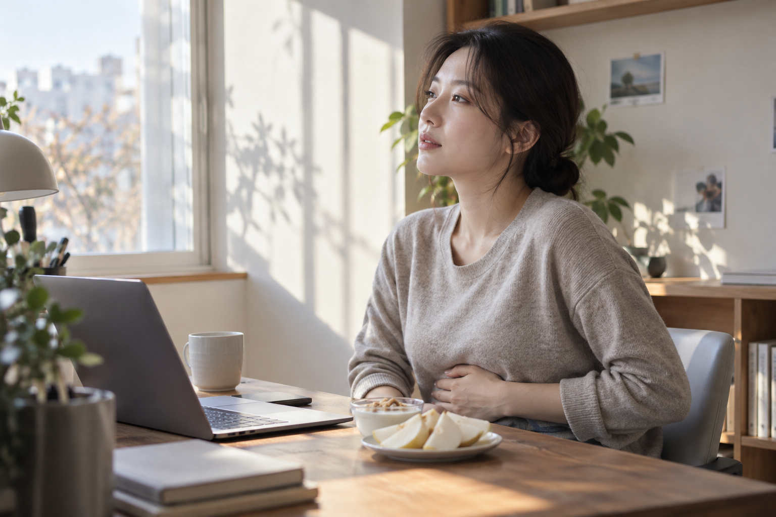 오후에 간식을 앞에 두고 책상에서 잠시 쉬는 여성