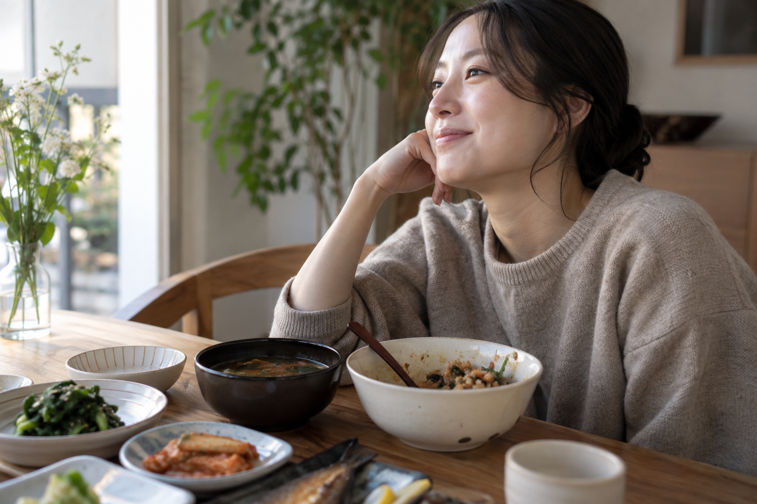 먹던 밥그릇을 앞에 두고 식사 중 잠시 쉬는 여성