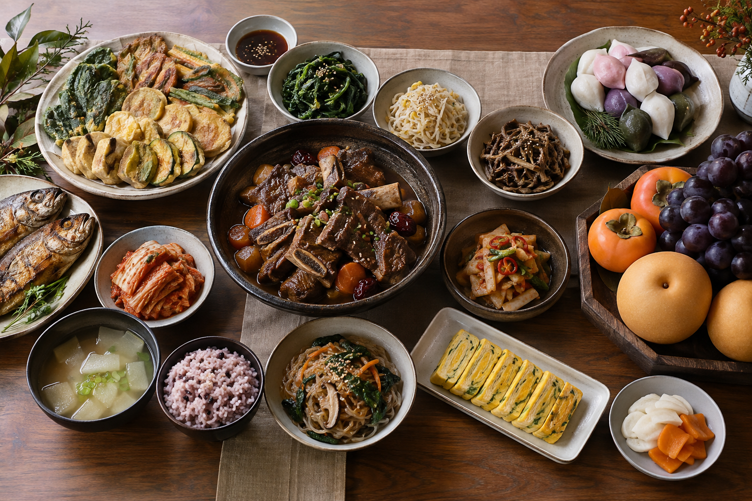 전과 갈비찜, 나물, 송편 등 여러 음식이 놓인 추석 상차림